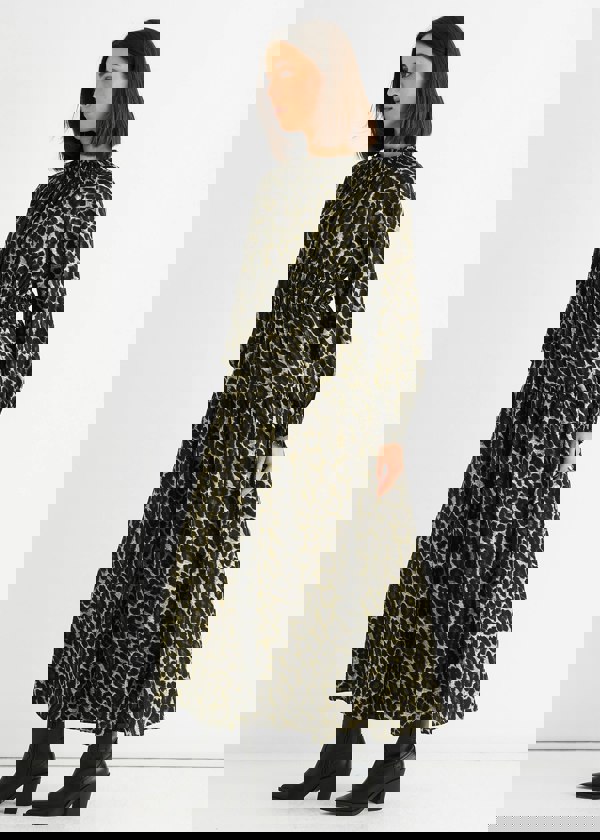 Gini London Khaki Animal Print Shirred High Neck Maxi Dress