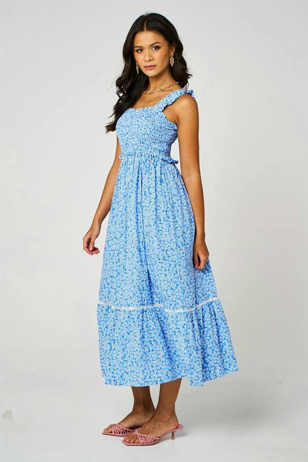 FS Collection Little Floral Print Hem Detail Maxi Dress In Blue