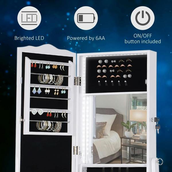 White jewelry armoire with LED-lit mirror, open doors, and ring display panels