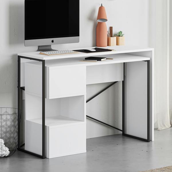 Decortie Modern Badau L-Shaped Computer Desk Metal Legs 3 Adjustable Storage Shelf Extra Table 110cm(W) Work PC Office