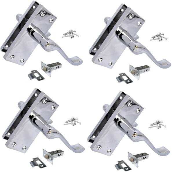 EDH Door Hardware Polished Chrome Victorian Scroll Door Handles – Handle Only or Handle + Tubular Latch – 118mm x 42mm - 4 PAIR OF HANDLES + TUBULAR LATCH