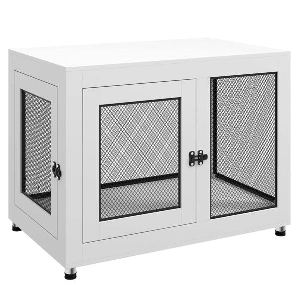 White dog cage and side table with two open mesh doors and black latch hardware