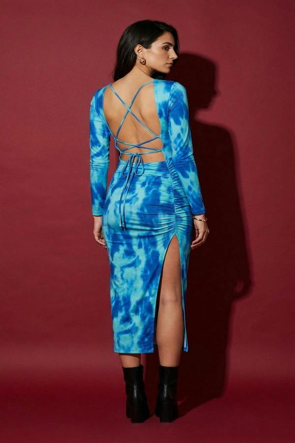 Priscilla Printed Long Sleeve Cross-tied Back Midi Dress - Green