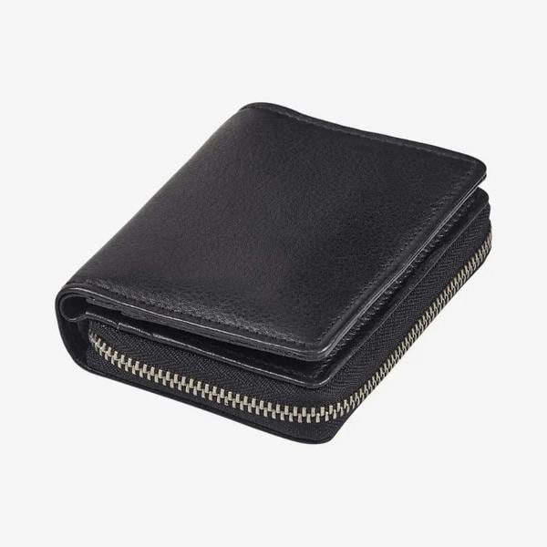 Black leather zip card wallet with secure zip closure