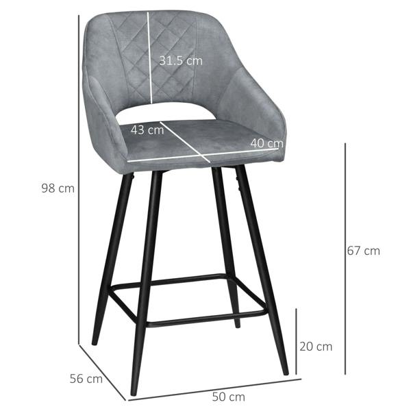 Grey bar stool dimensions diagram with quilted back, seat width, and overall height