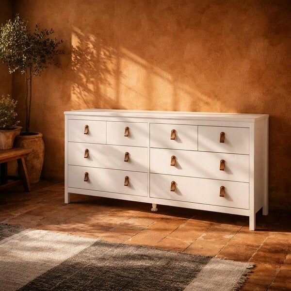 Wyld Haus Wildberry Matt White Wooden Double Dresser 8 Drawers Leather Handles