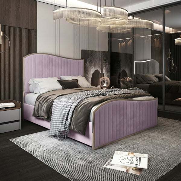 Casa Magna Brixton Upholstered Soft Velvet Metal Bed Frame - Pink