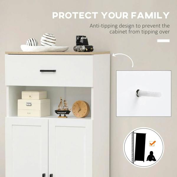 White sideboard with drawer and two doors; anti-tipping bracket detail on the wall