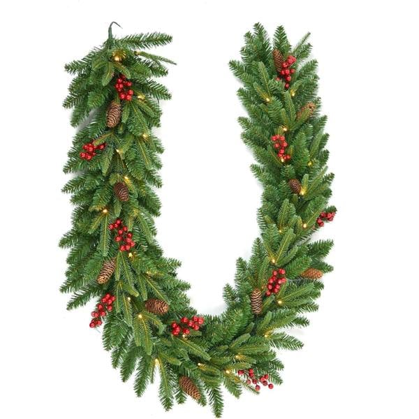 2m Green Pre-Lit Christmas Garland with PVC Foliage, Red Berries, Pine Cones and Warm LED Lights image 1