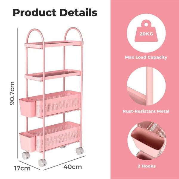 Levede 4 Tier Kitchen Storage Trolley Cart on Wheels for Narrow Space Metal Pink