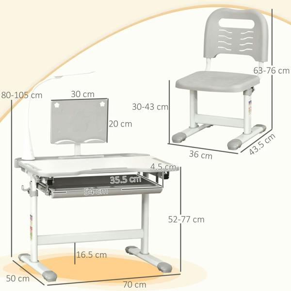 Grey kids study desk and chair set with dimensions and adjustable seat height
