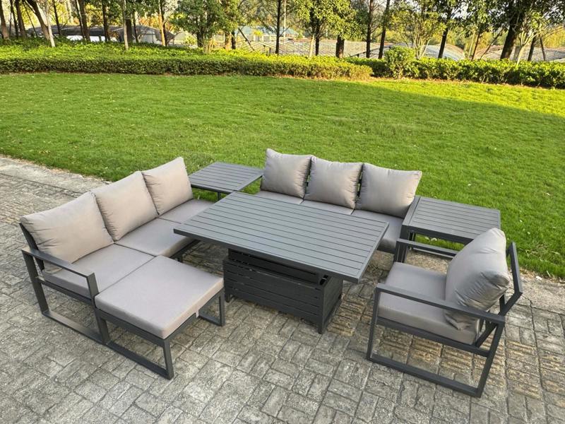 Fimous Aluminium Garden Furniture 8 Seater Outdoor Sofa Dining Set with Adjustable Rising Lifting Dining Table 2 Side Tables Big Footstool Dark Grey