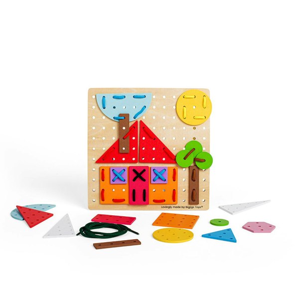 Bigjigs Toys Wooden Geometric Lace-A-Shape Game - Includes 44 Lacing Cards & 6 Laces