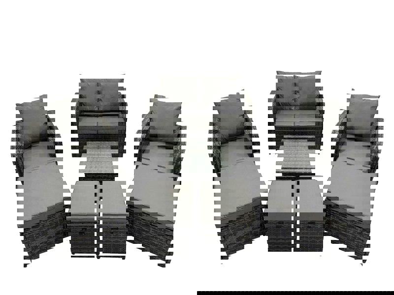 Fimous Rattan Garden Outdoor Furniture Set Love Sofa Reclining Chair Square Coffee Table Set with 4 Stools Dark Grey Mixed