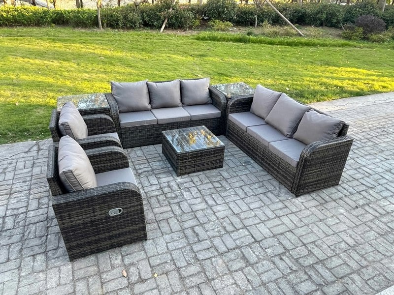 Fimous High Back Rattan Garden Furniture Set with Square Coffee Table 2 Side Tables Indoor Outdoor Patio Lounge Sofa Set Dark Grey Mixed