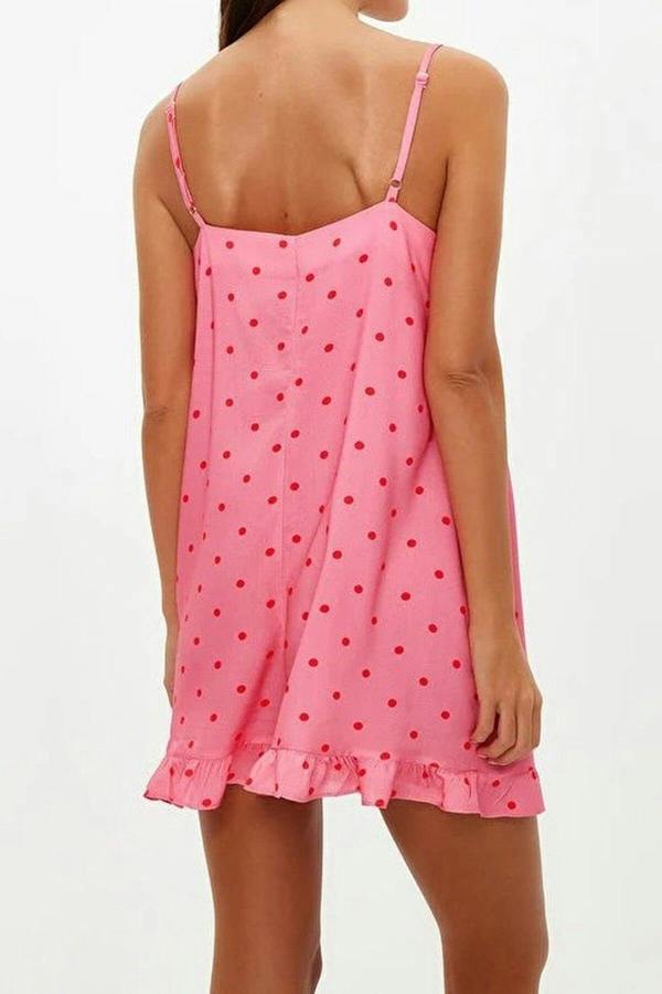 WOVCOR Polka Dot Ruffled Strappy Viscose Woven Playsuıt