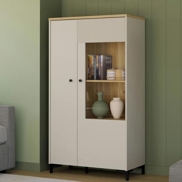 Furniture To Go Bixbite Display Cabinet with Fluted Detail, Doors & Open Shelving in Mauvella Oak and Sand
