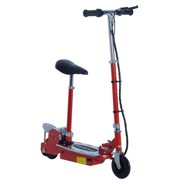 Red electric kick scooter with black seat, handlebar, and folding deck
