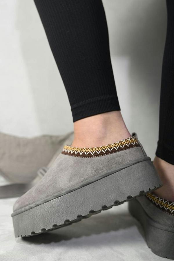 Jolene Aztec Detail Low Ankle Platform Slipper Boots - Grey