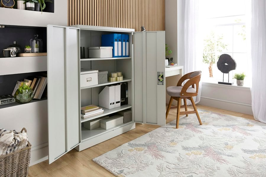 MMT Furniture Designs Metal Storage Cupboard Grey 2 Door Tall Lockable Steel Filing Cabinet 3 Shelves Office, Garage Tool, Utility, Kitchen use