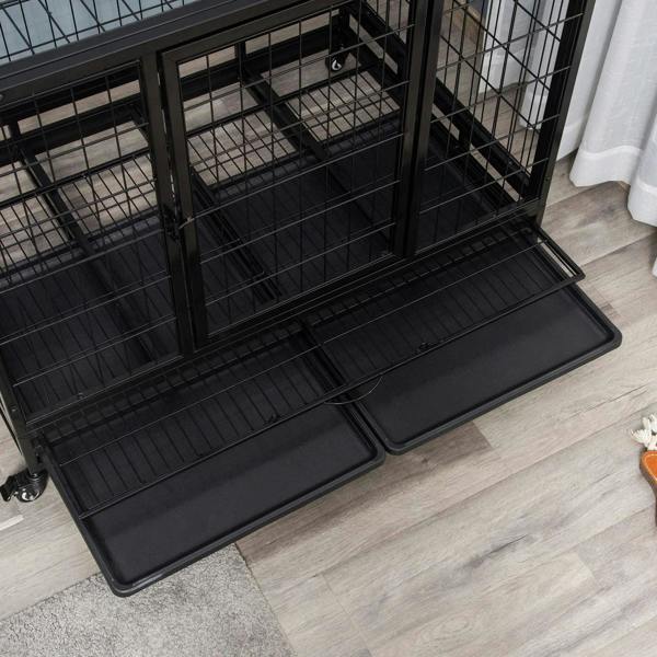 Black plastic floor tray and metal kennel frame with caster wheels