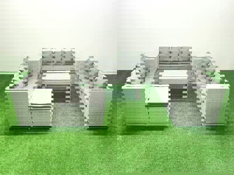 Fimous Rattan Garden Outdoor Furniture Set 10 Seater Garden Sofa Oblong Coffee Table Set with Big Footstool Light Grey Mixed