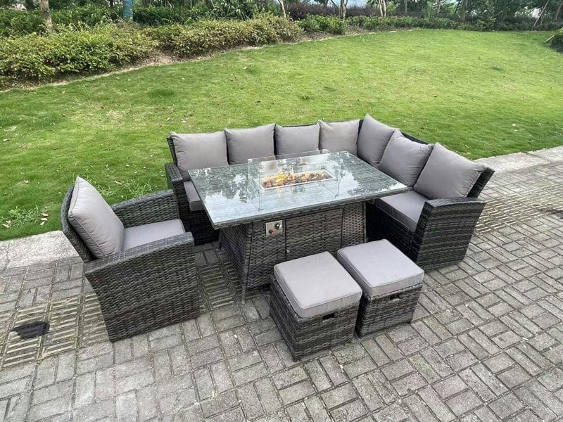 Fimous High Back Rattan Garden Furniture Sets Gas Fire Pit Dining Table Gas Heater Set Corner Sofa Small Footstools Chair 9 Seater