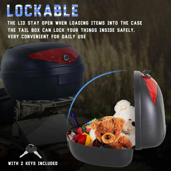 Lockable black motorcycle top box with red tail lamp area and key lock