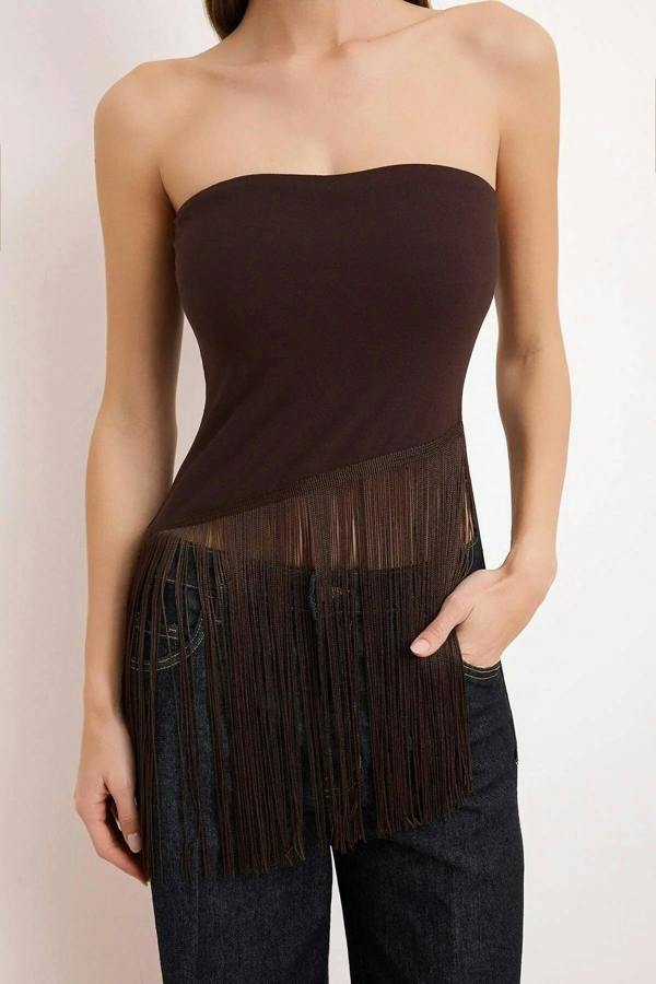 Strapless Fitted Tassel Detail Blouse