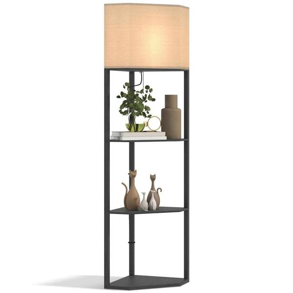 Tall corner floor lamp with black frame, beige fabric shade, and multi-tier shelves