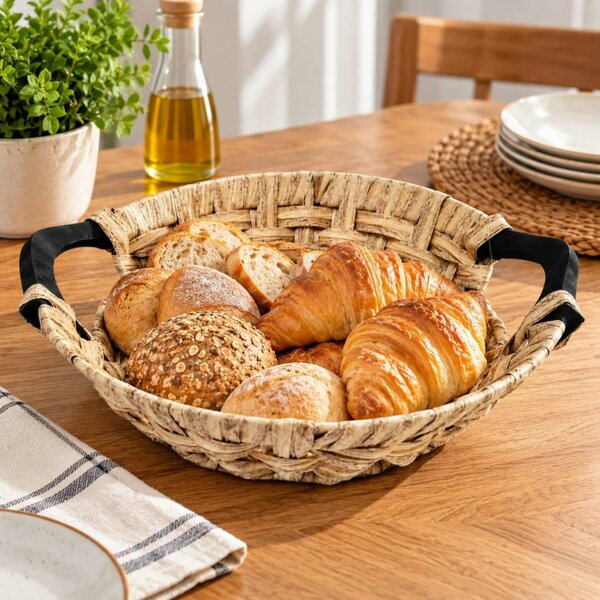 Dyzi Round Woven Basket with Handles 29cm Decorative Serving Storage Tray