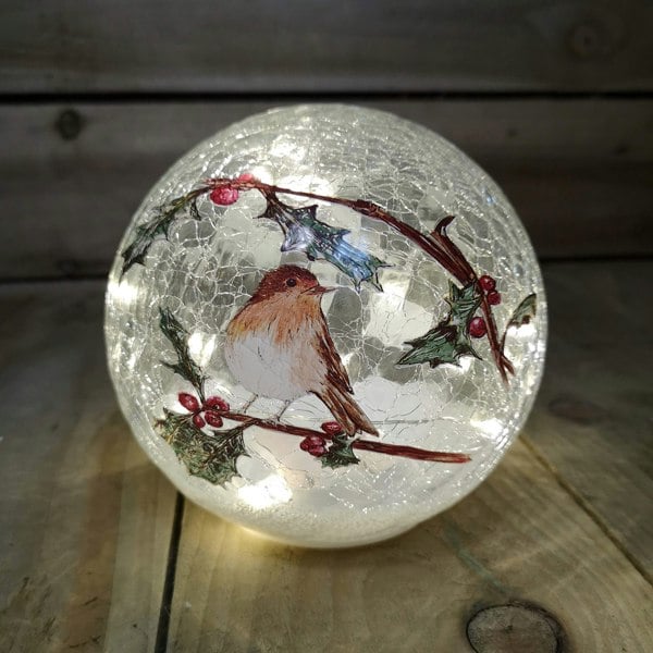 Samuel Alexander 15cm Battery Operated Light up Robin Crackle Glass Ball with 12 Warm White LEDs