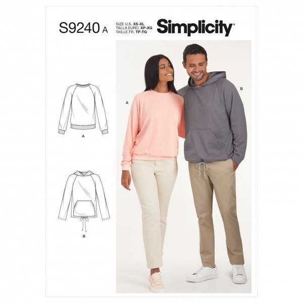 Simplicity Sewing Pattern 9240, Sweaters, Tops, Hoodies for Women, Men, A (XS-S-M-L-XL) - Easy