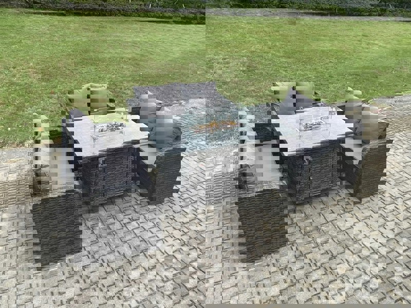 Fimous Rattan Outdoor Garden Furniture Sofa Set Gas Fire Pit Dining Table Gas Heater with Love Sofa Dark Grey Mixed