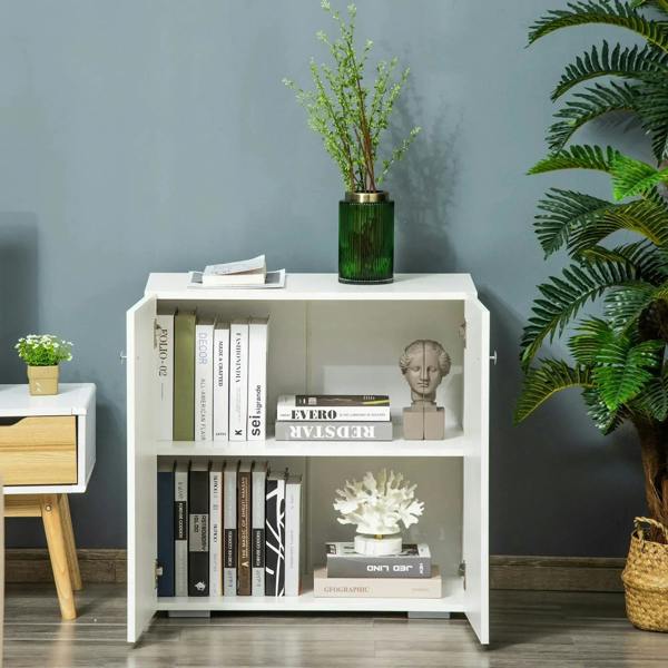White cabinet with open double doors revealing two shelves for books and decor.