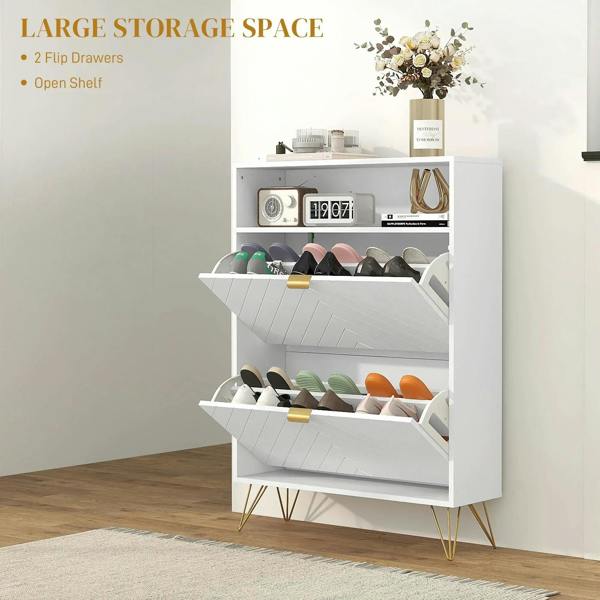 White shoe cabinet with open shelves and gold-tone pull accents, holding shoes