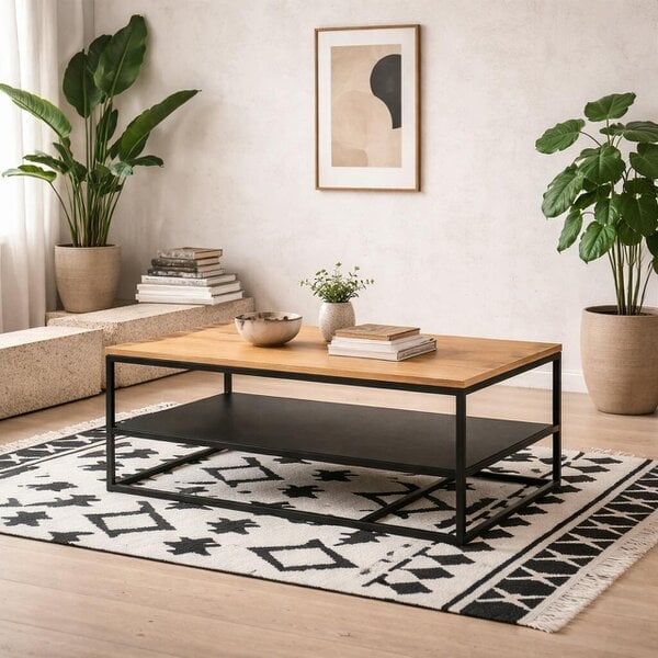 Wyld Haus Haslev Natural Oak Rectangular Coffee Table with Full Bottom Shelf