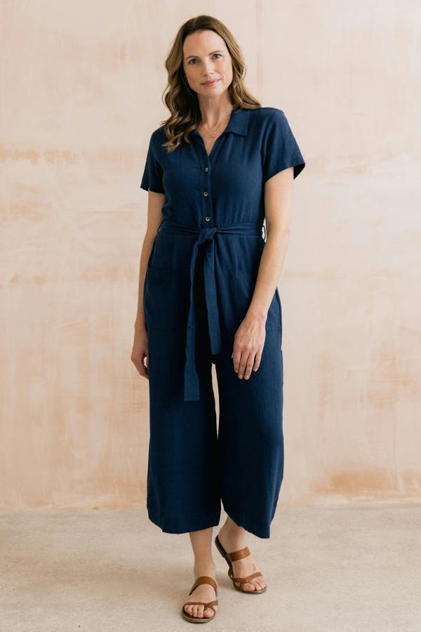 Lily & Me Josie Linen Blend Cropped Jumpsuit Navy