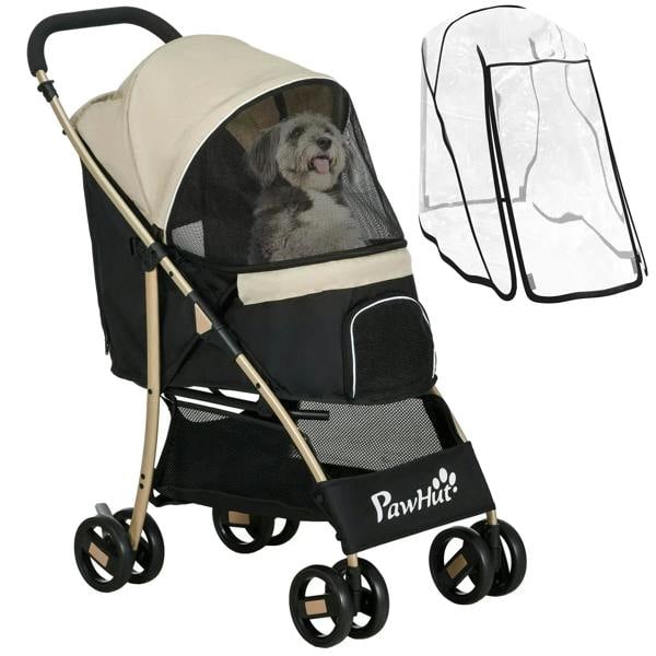 Khaki and black pet stroller with mesh seat and clear rain cover, holding a small dog