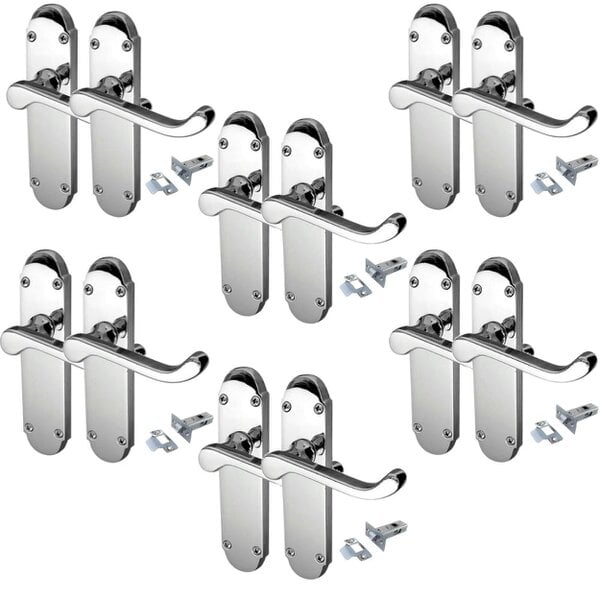 EDH Door Hardware Polished Chrome Victorian Scroll Door Handles on Shaped Backplate – 170mm x 40mm + Tubular Latch 6 Pairs