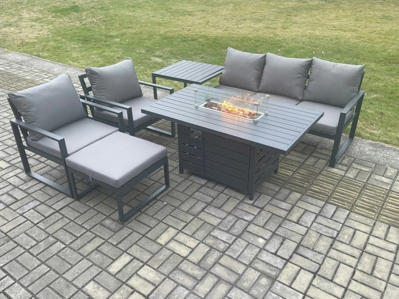 Fimous 6-Seater Aluminium Outdoor Gas Fire Pit Dining Set | 2 Armchairs, Side Table, Footstool | Dark Grey