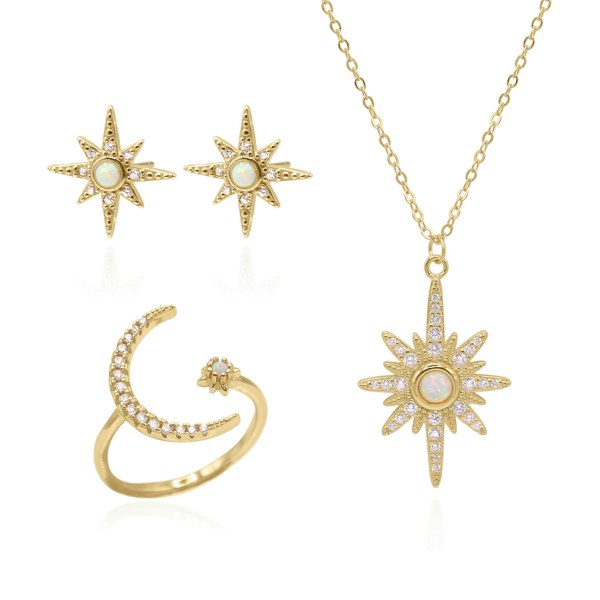 Luna Charles Star Birthstone Ring Gift Set - Earrings Necklace & Ring - 18K Gold Plated