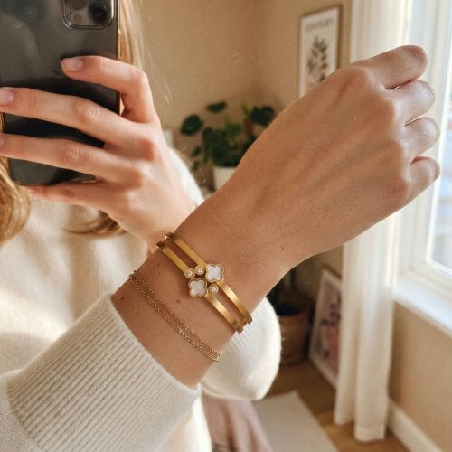 The Colourful Aura 18k Gold Plated Double Band Clover Bangle Bracelet