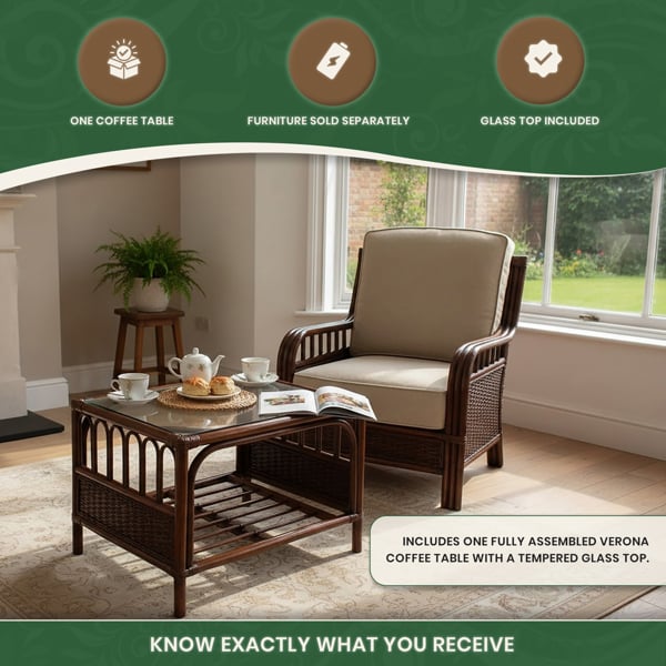 Verona Cane Coffee Table in Mahogany Colour Finish with Tempered Glass Top, Designed to Match the Verona Cane Suite Range