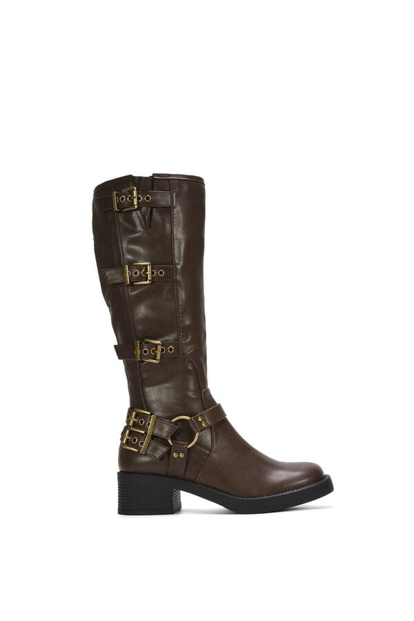 XY LONDON Harness square toe Knee High Biker Boots - Brown