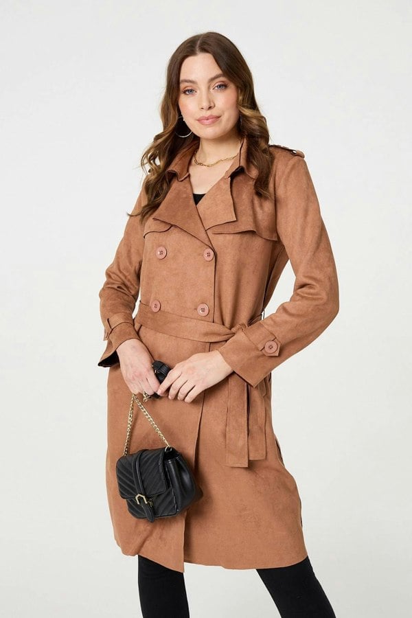 Tan | Faux Suede Button Front Trench Coat
