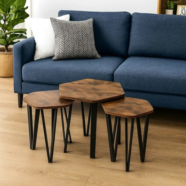 Modcraft Set of 3 Rustic Brown Nesting Coffee Tables with Steel Frames - Industrial Style