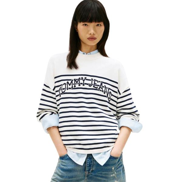 Tommy Jeans Womens/Ladies Striped Ribbed Crew Neck Sweatshirt - Antique White - 