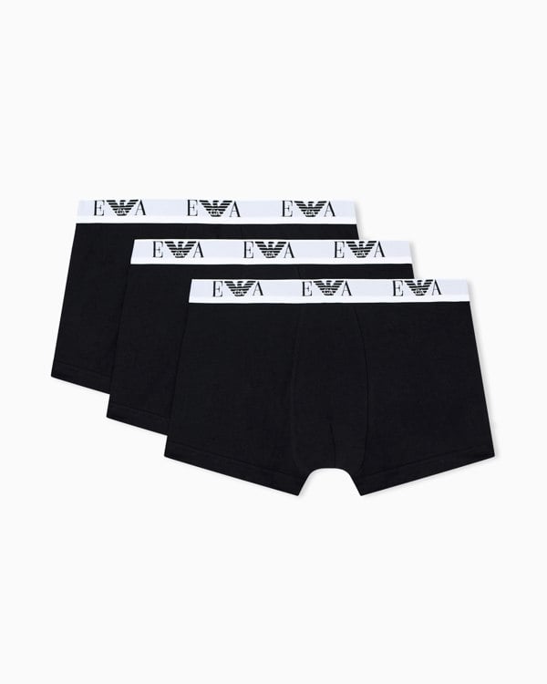 Emporio Armani 3-Pack Mens Boxer Shorts with Eagle Logo Waistband - Black/Black/Black - CHO - Designer Mens Underwear