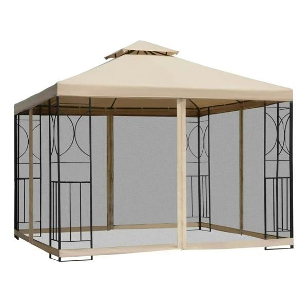 Sand fabric double-roof gazebo with black steel frame and four netted side panels